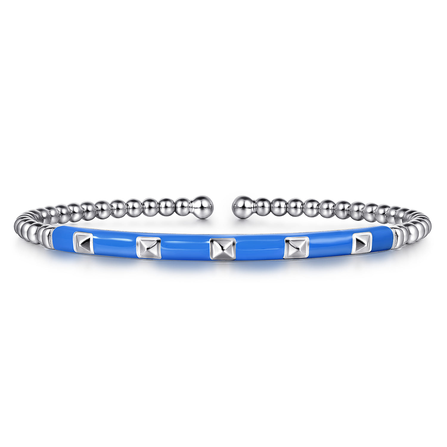 Enamel - 14K White Gold Bujukan Beads and Pyramid Split Bangle with Blue Enamel - Shot 1