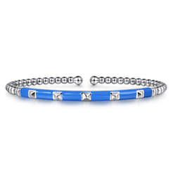 Enamel - 14K White Gold Bujukan Beads and Pyramid Split Bangle with Blue Enamel