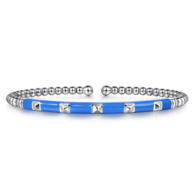 Enamel - 14K White Gold Bujukan Beads and Pyramid Split Bangle with Blue Enamel - Shot 1