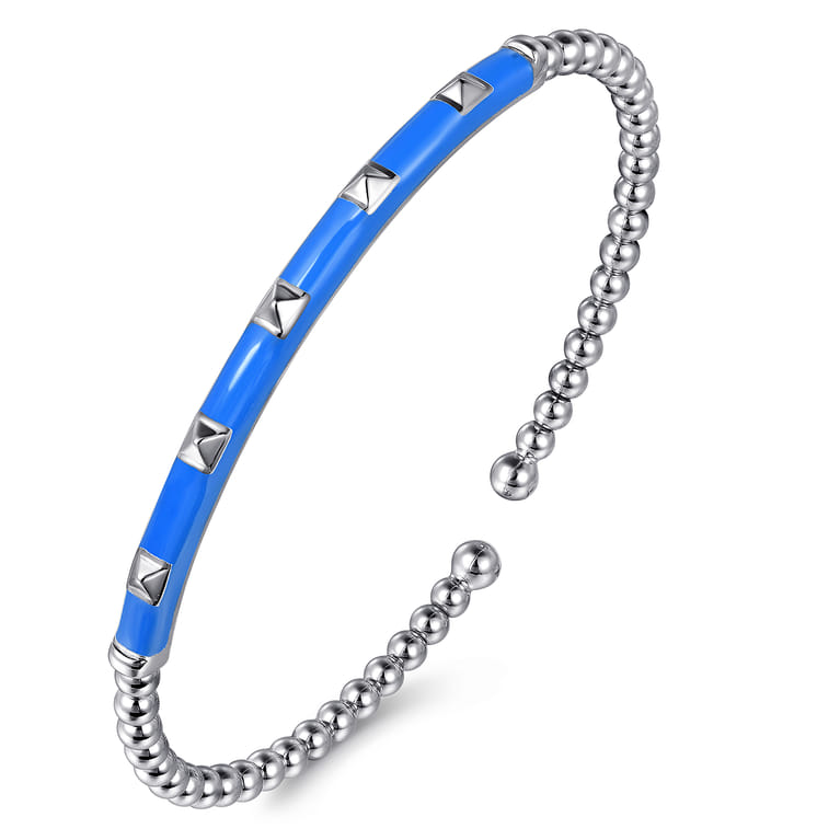 Enamel - 14K White Gold Bujukan Beads and Pyramid Split Bangle with Blue Enamel - Shot 2