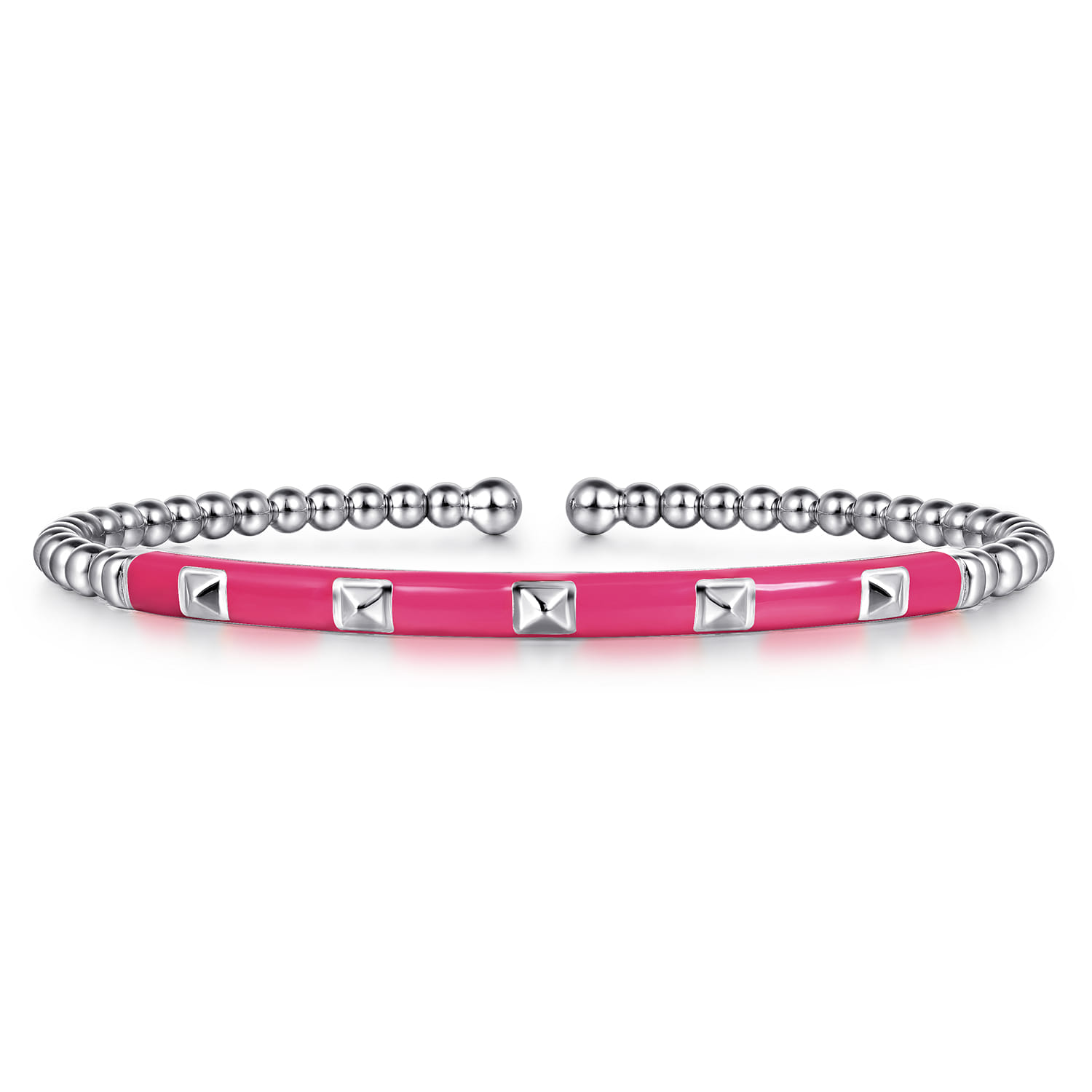 Enamel - 14K White Gold Bujukan Beads and Pyramid Split Bangle with Fuchsia Enamel - Shot 1