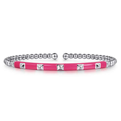 Enamel - 14K White Gold Bujukan Beads and Pyramid Split Bangle with Fuchsia Enamel