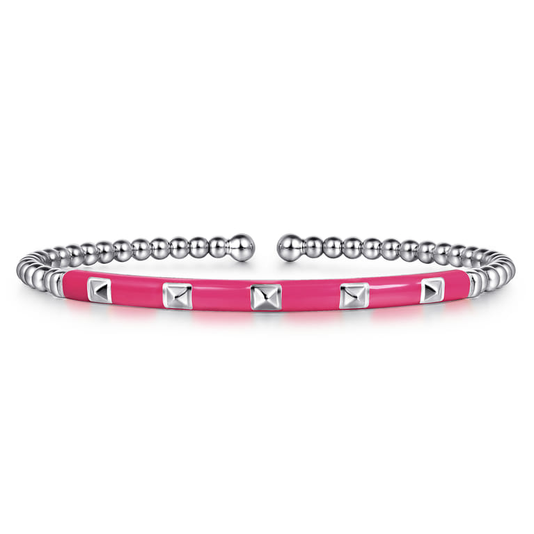 Enamel - 14K White Gold Bujukan Beads and Pyramid Split Bangle with Fuchsia Enamel - Shot 1