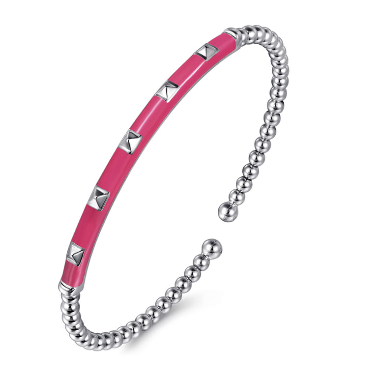 Enamel - 14K White Gold Bujukan Beads and Pyramid Split Bangle with Fuchsia Enamel - Shot 2