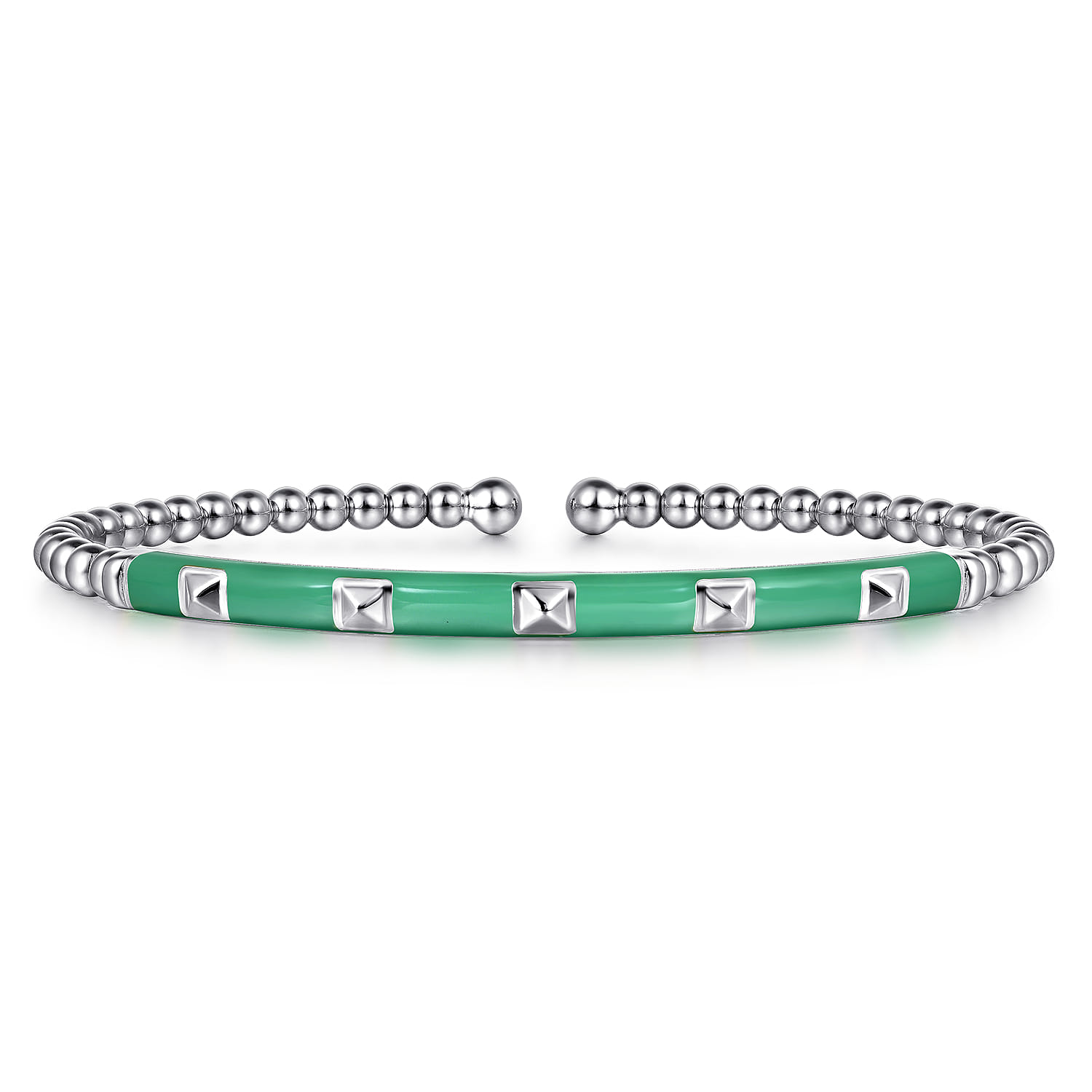 Enamel - 14K White Gold Bujukan Beads and Pyramid Split Bangle with Mint Green Enamel - Shot 1