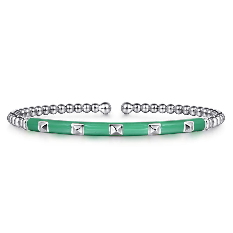Enamel - 14K White Gold Bujukan Beads and Pyramid Split Bangle with Mint Green Enamel - Shot 1