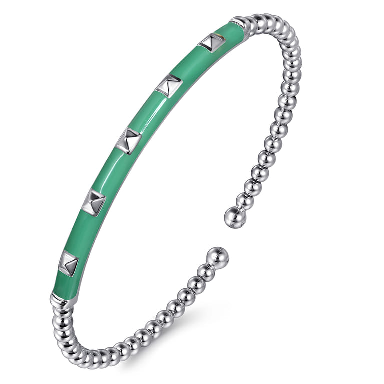 Enamel - 14K White Gold Bujukan Beads and Pyramid Split Bangle with Mint Green Enamel - Shot 2