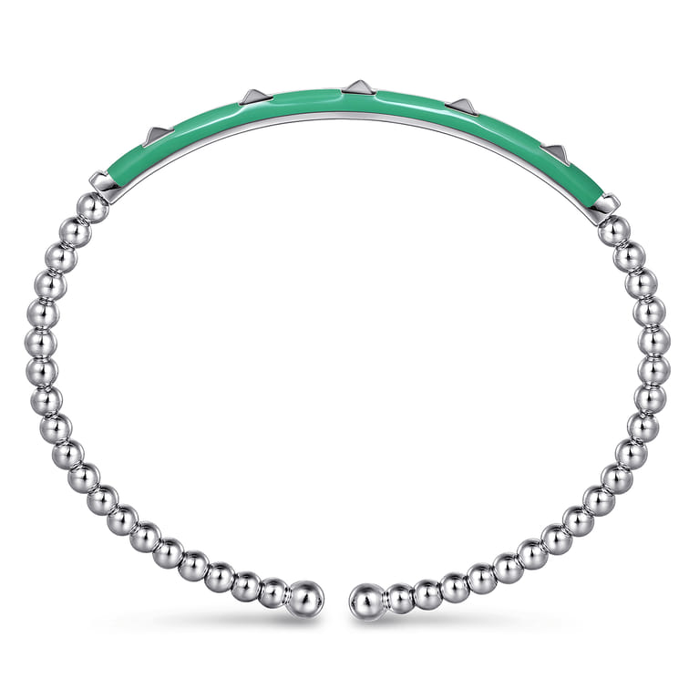 Enamel - 14K White Gold Bujukan Beads and Pyramid Split Bangle with Mint Green Enamel - Shot 3
