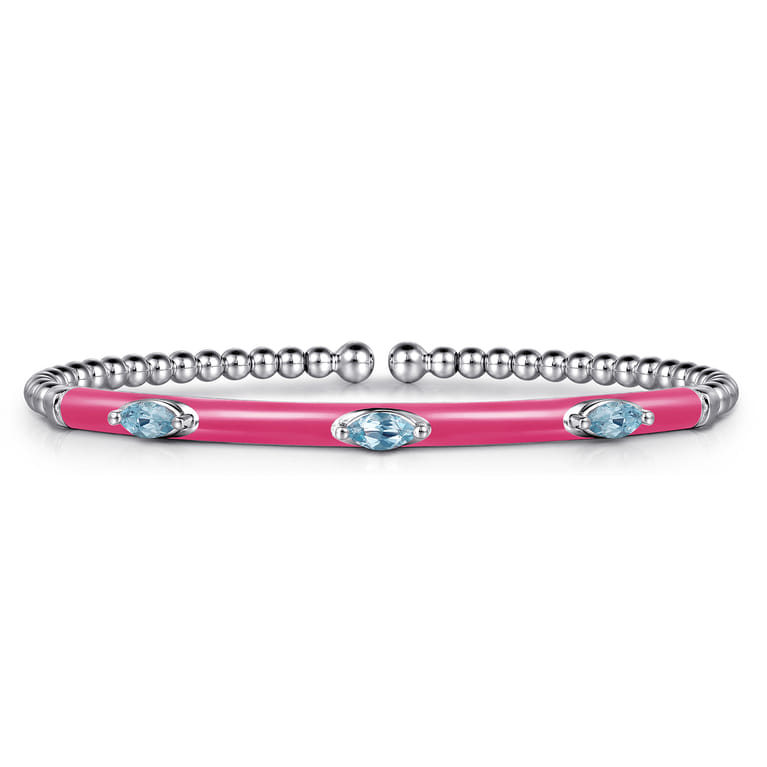 Enamel - 14K White Gold Bujukan Blue Topaz Split Bangle with Fuchsia Enamel - Shot 1