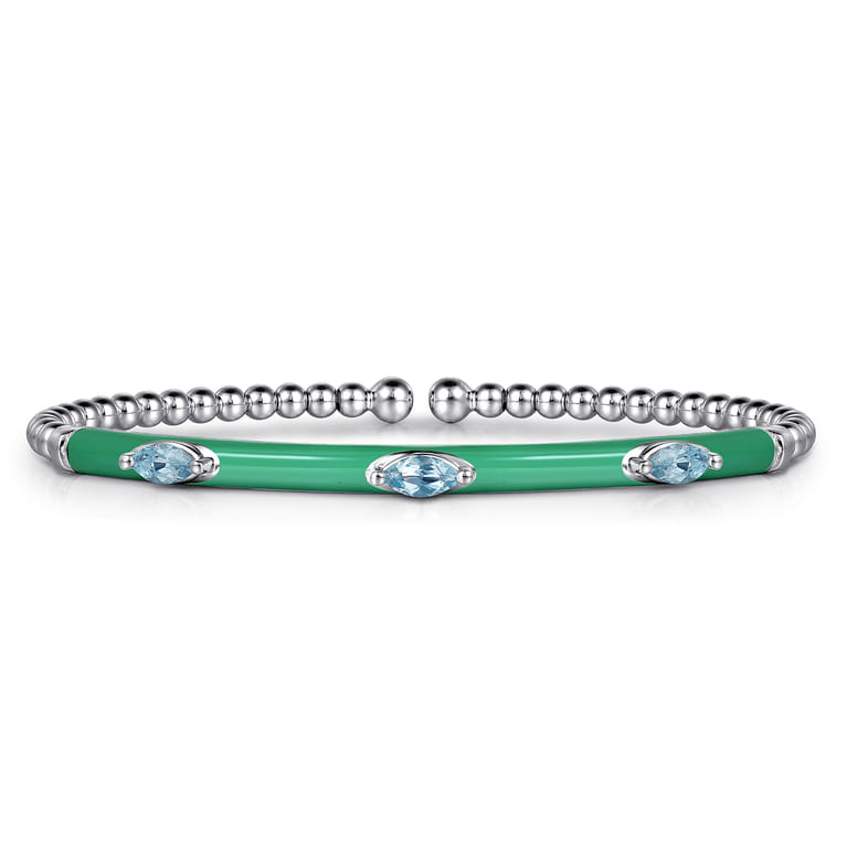 Enamel - 14K White Gold Bujukan Blue Topaz Split Bangle with Mint Green Enamel - Shot 1
