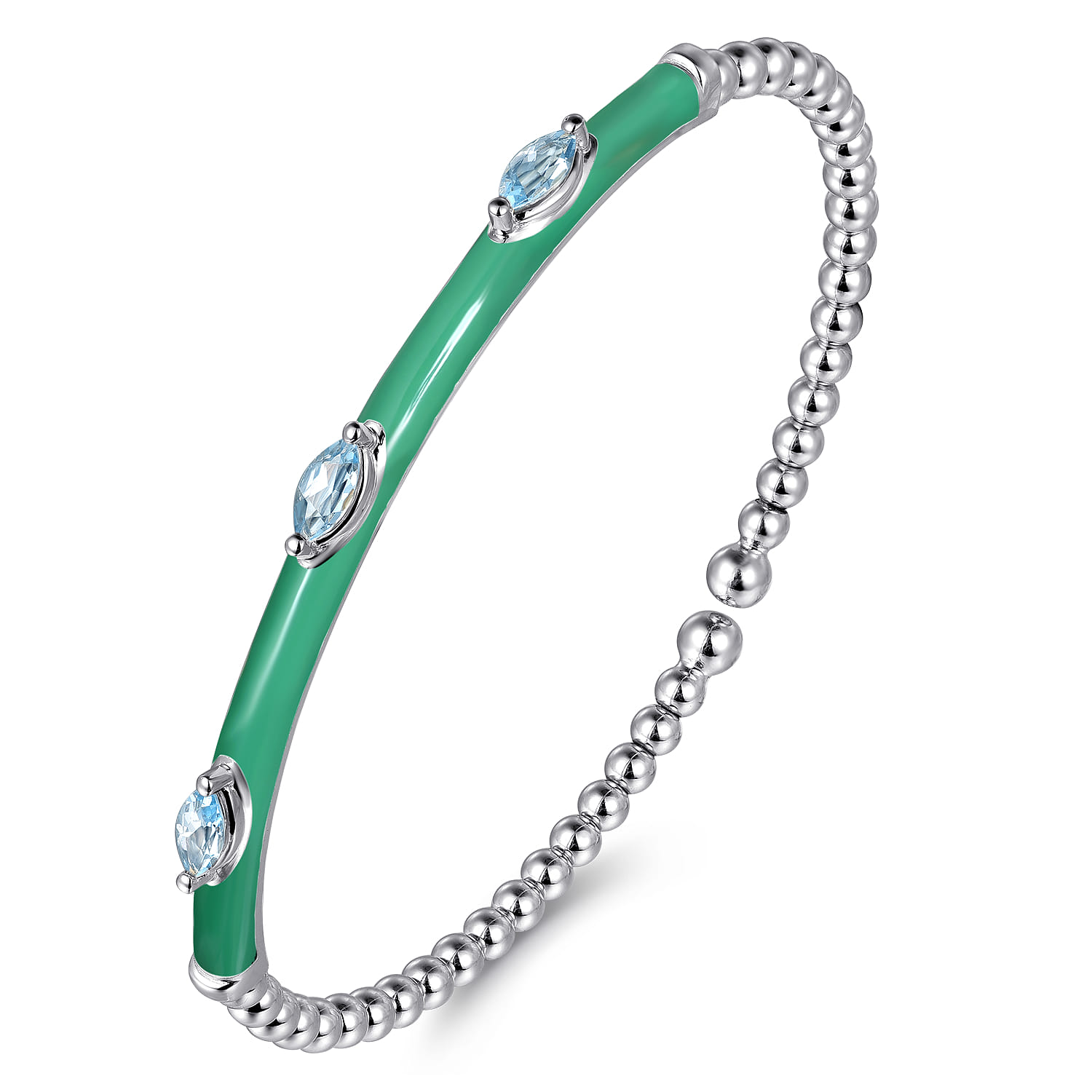Enamel - 14K White Gold Bujukan Blue Topaz Split Bangle with Mint Green Enamel - Shot 2