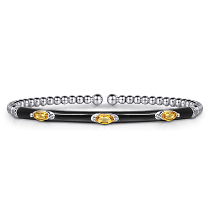Enamel - 14K White Gold Bujukan Citrine Split Bangle with Black Enamel