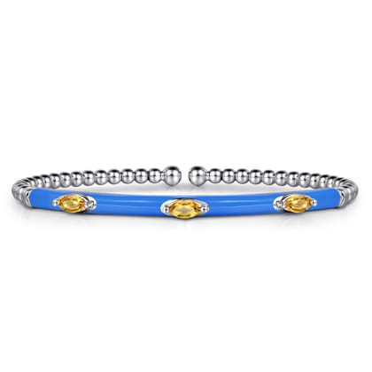 Enamel - 14K White Gold Bujukan Citrine Split Bangle with Blue Enamel