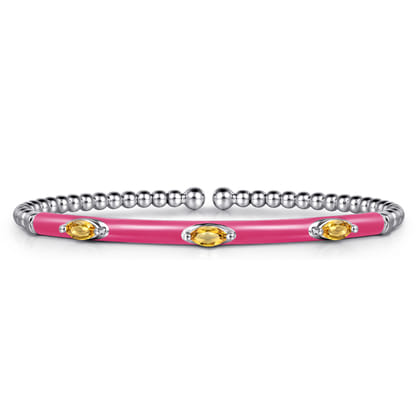 Enamel - 14K White Gold Bujukan Citrine Split Bangle with Fuchsia Enamel