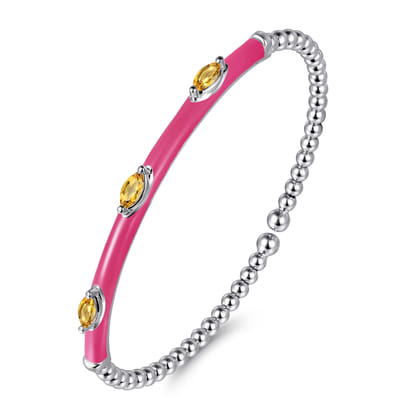 Enamel - 14K White Gold Bujukan Citrine Split Bangle with Fuchsia Enamel