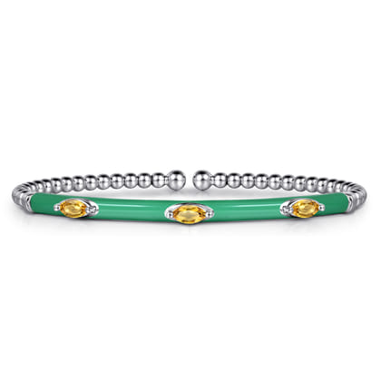 Enamel - 14K White Gold Bujukan Citrine Split Bangle with Mint Green Enamel