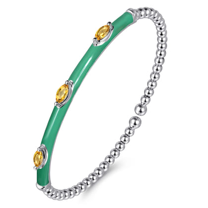 Enamel - 14K White Gold Bujukan Citrine Split Bangle with Mint Green Enamel