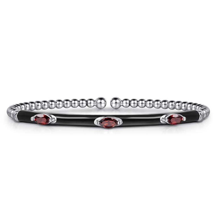 Enamel - 14K White Gold Bujukan Garnet Split Bangle with Black Enamel - Shot 1