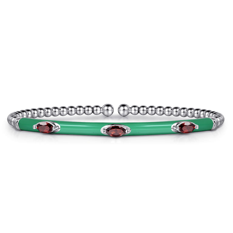 Enamel - 14K White Gold Bujukan Garnet Split Bangle with Mint Green Enamel - Shot 1