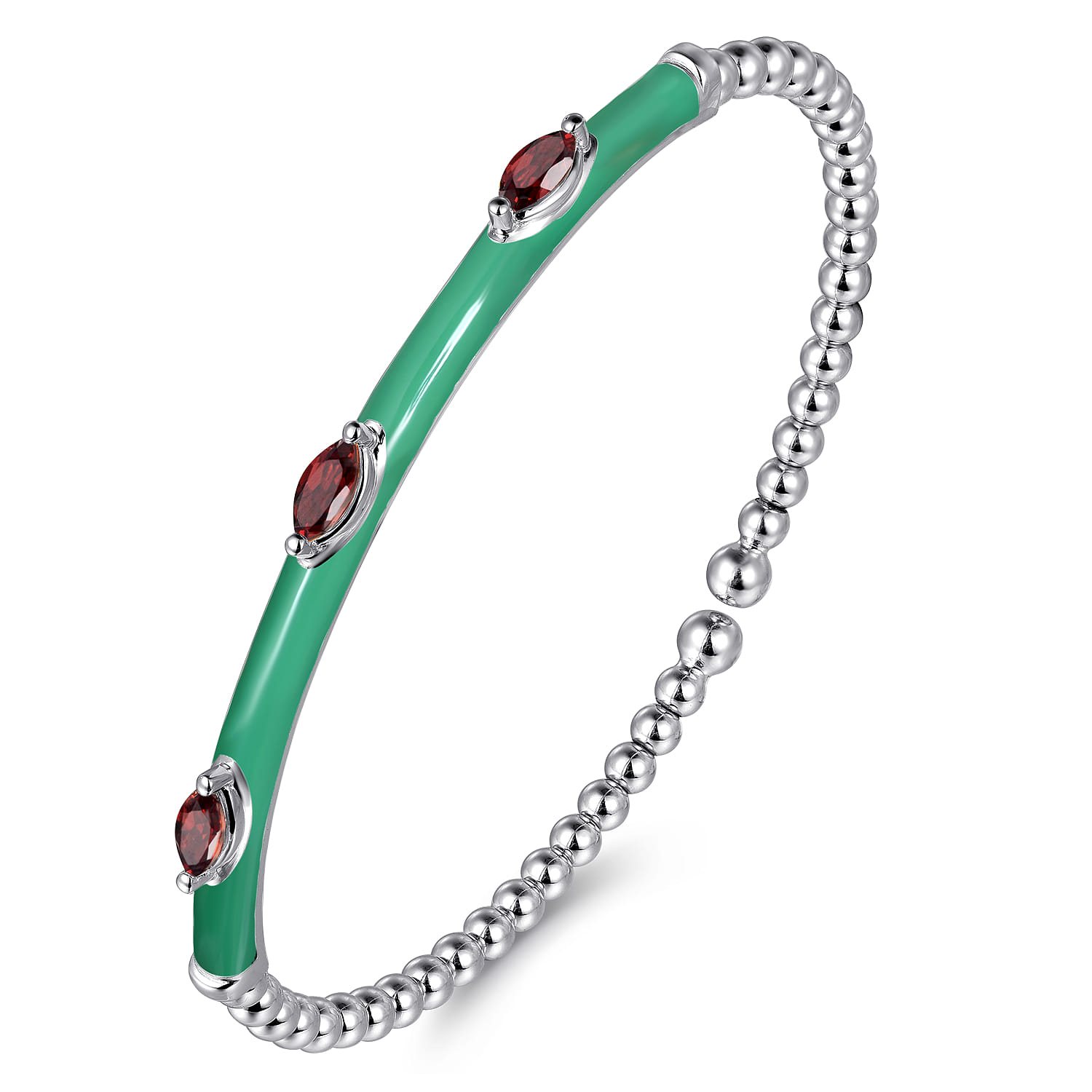 Enamel - 14K White Gold Bujukan Garnet Split Bangle with Mint Green Enamel - Shot 2
