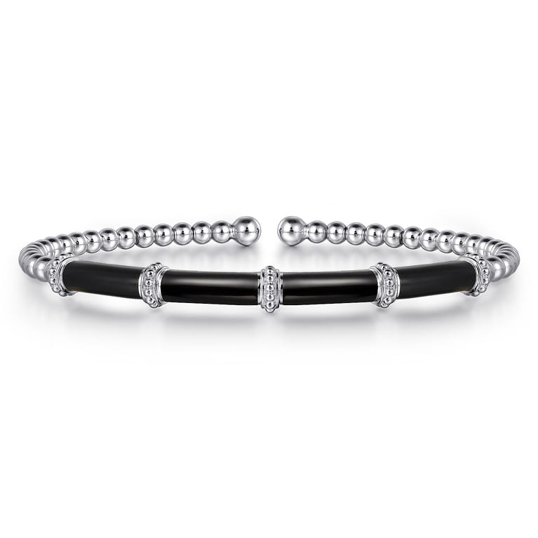 Enamel - 14K White Gold Bujukan and Bar Split Bangle with Black Enamel - Shot 1