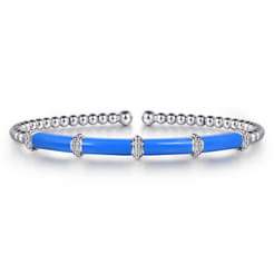 Enamel - 14K White Gold Bujukan and Bar Split Bangle with Blue Enamel