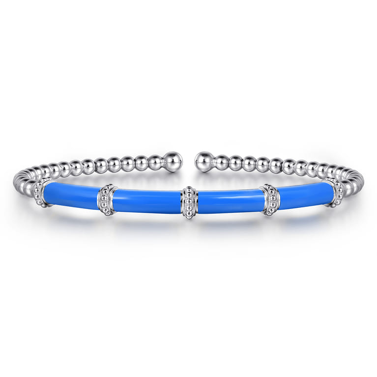 Enamel - 14K White Gold Bujukan and Bar Split Bangle with Blue Enamel - Shot 1