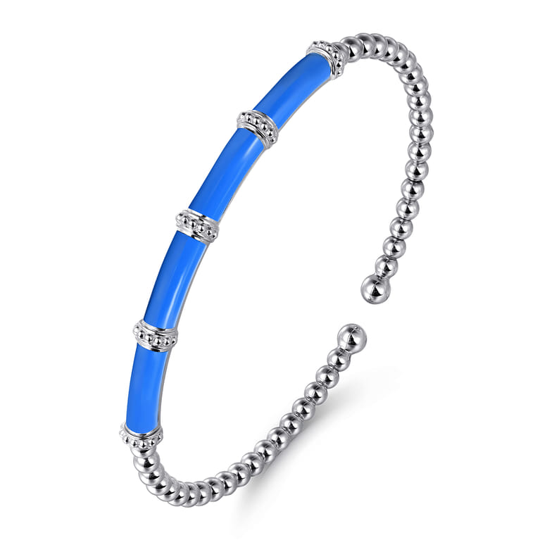 Enamel - 14K White Gold Bujukan and Bar Split Bangle with Blue Enamel - Shot 2