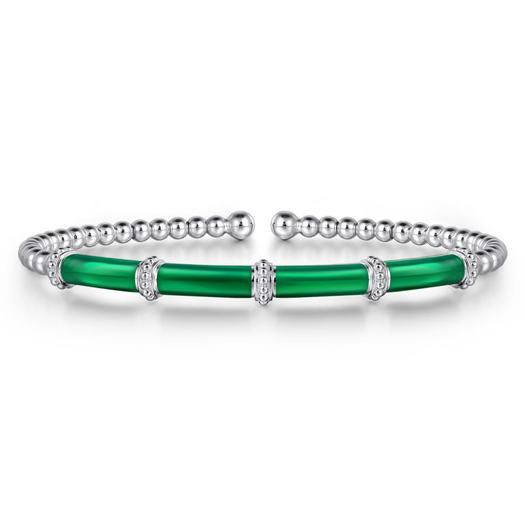 Enamel - 14K White Gold Bujukan and Bar Split Bangle with Chrome Green Enamel - Shot 1