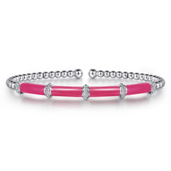 14K White Gold Bujukan and Bar Split Bangle with Fuchsia Enamel