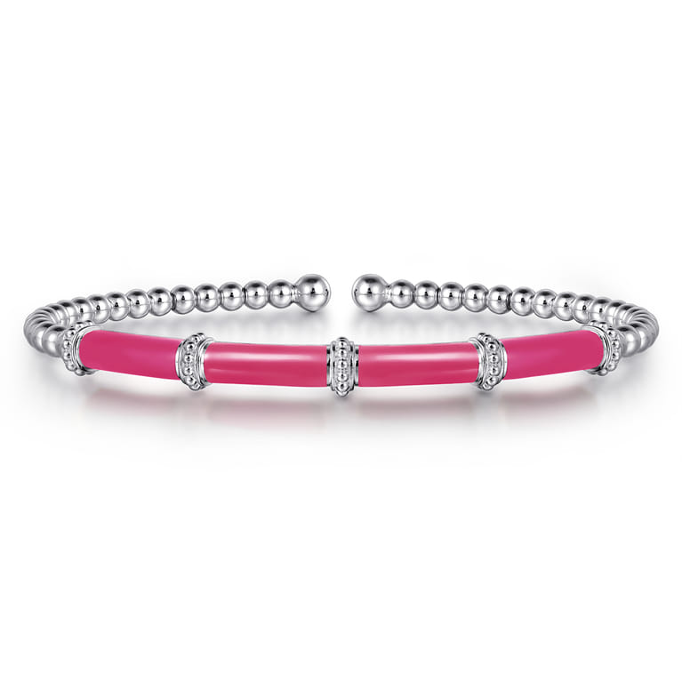 Enamel - 14K White Gold Bujukan and Bar Split Bangle with Fuchsia Enamel - Shot 1