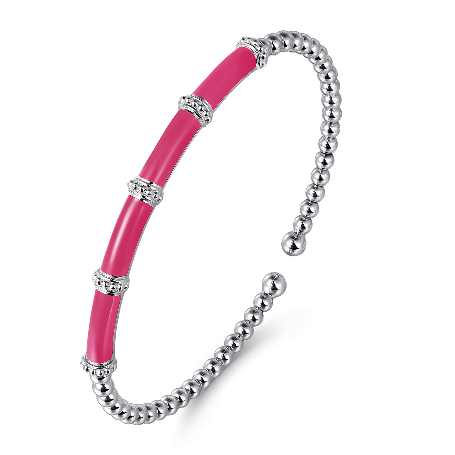 Enamel - 14K White Gold Bujukan and Bar Split Bangle with Fuchsia Enamel - Shot 2