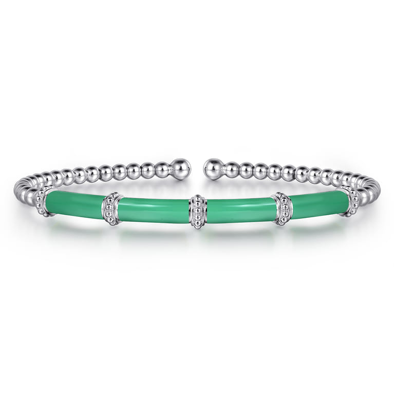 Enamel - 14K White Gold Bujukan and Bar Split Bangle with Mint Green Enamel - Shot 1