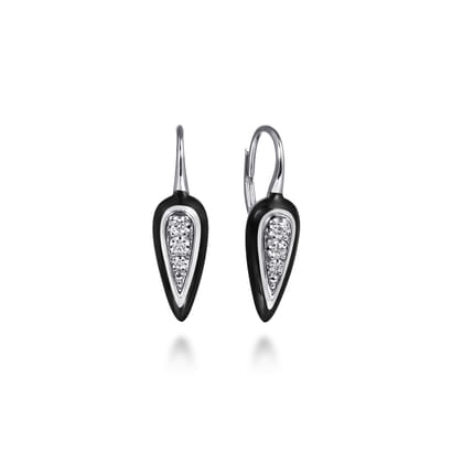 Enamel - 14K White Gold Diamond Drop Earrings with Black Enamel