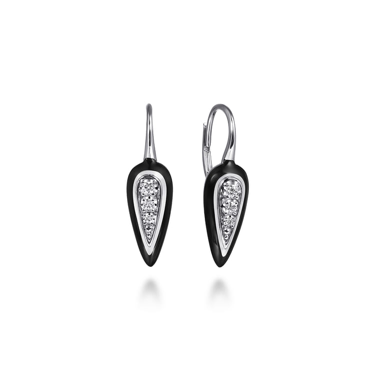 Enamel - 14K White Gold Diamond Drop Earrings with Black Enamel - 0.14 ct - Shot 1