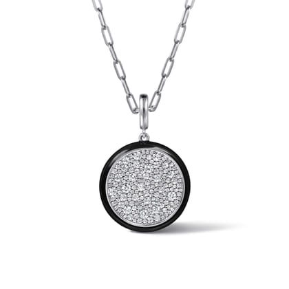 Enamel - 14K White Gold Diamond Medallion With Detachable Bail with Black Enamel