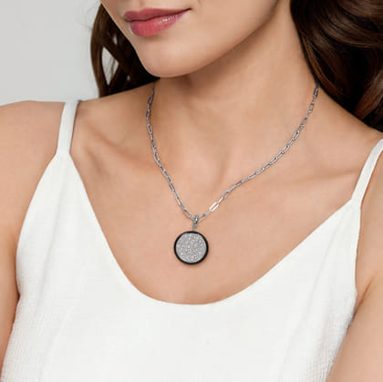 Enamel - 14K White Gold Diamond Medallion With Detachable Bail with Black Enamel