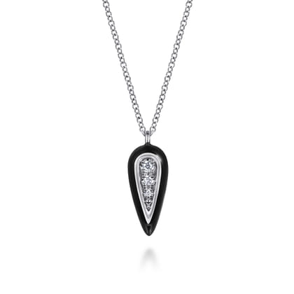 Enamel - 14K White Gold Diamond Pendant Necklace with Black Enamel