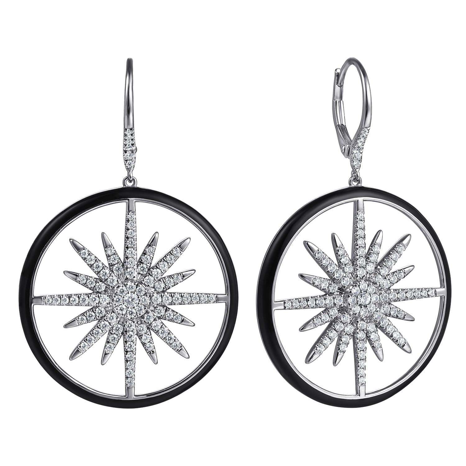 Enamel - 14K White Gold Diamond Spike Huggie Drop Earrings with Black Enamel