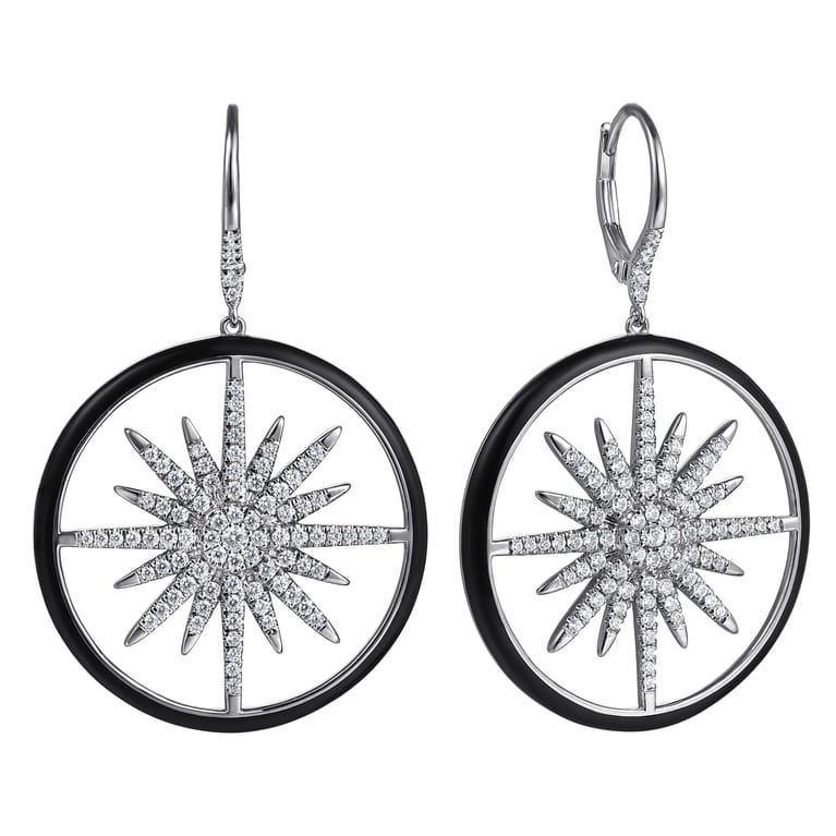 Enamel - 14K White Gold Diamond Spike Huggie Drop Earrings with Black Enamel - 1.25 ct - Shot 1
