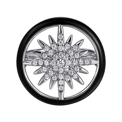 Enamel - 14K White Gold Diamond StarBurst Signet Ring with Black Enamel