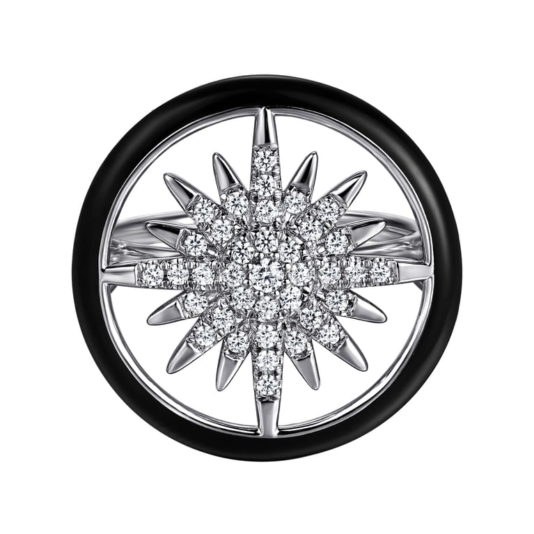 Enamel - 14K White Gold Diamond StarBurst Signet Ring with Black Enamel - 0.3 ct - Shot 1