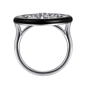 Enamel - 14K White Gold Diamond StarBurst Signet Ring with Black Enamel