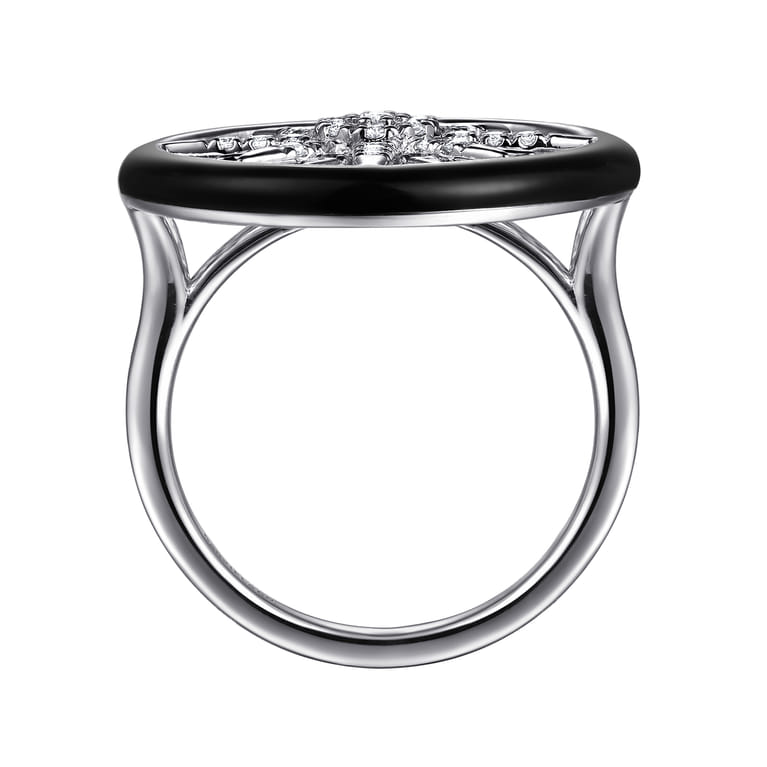Enamel - 14K White Gold Diamond StarBurst Signet Ring with Black Enamel - 0.3 ct - Shot 2