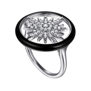 Enamel - 14K White Gold Diamond StarBurst Signet Ring with Black Enamel