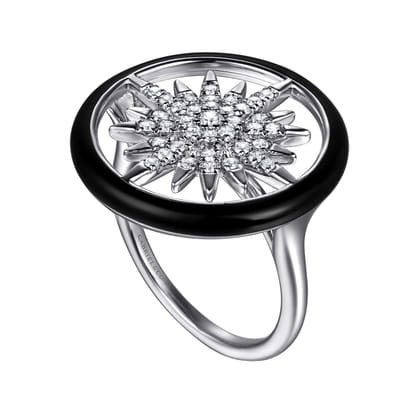 Enamel - 14K White Gold Diamond StarBurst Signet Ring with Black Enamel