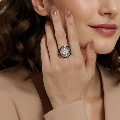 Enamel - 14K White Gold Diamond StarBurst Signet Ring with Black Enamel