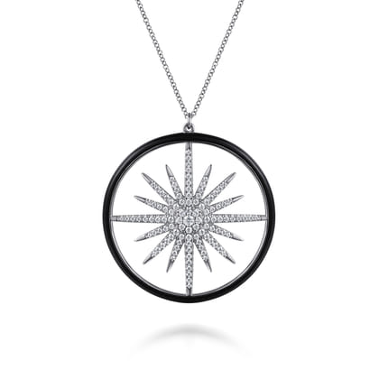 Enamel - 14K White Gold Diamond Starburst Pendant Necklace with Black Enamel