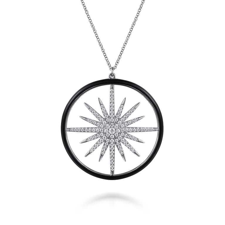 Enamel - 14K White Gold Diamond Starburst Pendant Necklace with Black Enamel - 0.8 ct - Shot 1