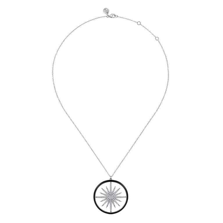 Enamel - 14K White Gold Diamond Starburst Pendant Necklace with Black Enamel - 0.8 ct - Shot 2